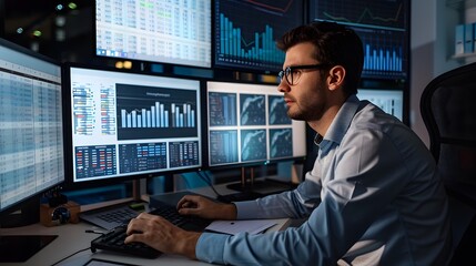 Poster - A data analyst performing trend analysis on a touch-screen desk, with futuristic graphs and trend lines illustrating market trends and projections in a tech-savvy workspace 