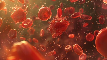 Fototapete - Red blood cells and a virus are shown in a microscopic view. The image depicts the movement of blood cells in a fluid environment.