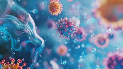 Poster - a close-up view of several virus particles floating in a fluid, surrounded by small bubbles.