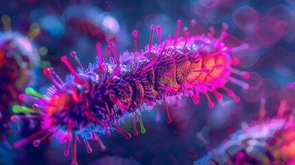 Fototapete - A close up view of a virus with pink spikes, rendered in 3D. The virus is in focus while the background is blurred.