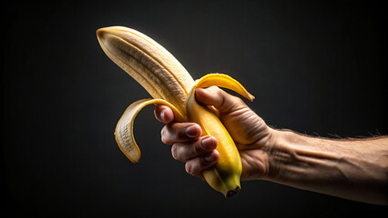 A hand grips a bright yellow ripe banana, a healthy and fresh tropical fruit 