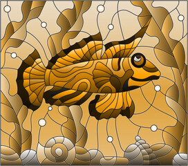 Wall Mural - Illustration in stained glass style  mandarin fish on the background of water and algae, tone brown