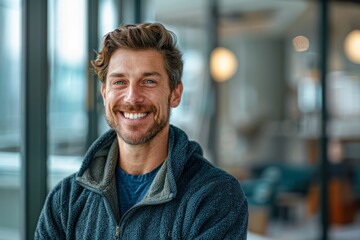 Wall Mural - Portrait of a happy man in his 30s dressed in a comfy fleece pullover isolated in sophisticated corporate office background