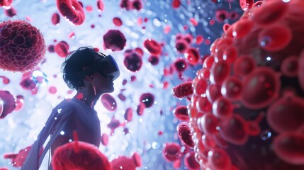 Poster - A person wearing a virtual reality headset interacts with a digital simulation of blood cells, floating amidst a vast, colorful landscape of red blood cells.