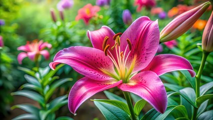 Sticker - Vibrant pink lily flower blooming in a garden , nature, petals, beauty, flora, plant, close-up, vibrant, colorful, garden, bloom