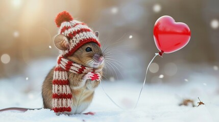 Wall Mural - Cute Mouse in Winter Wonderland with Heart Balloon