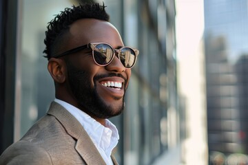 Wall Mural - Portrait of a joyful man in his 30s wearing a trendy sunglasses isolated on sophisticated corporate office background