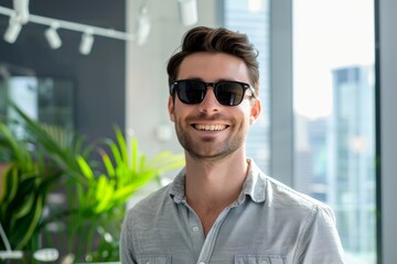 Wall Mural - Portrait of a joyful man in his 30s wearing a trendy sunglasses over sophisticated corporate office background