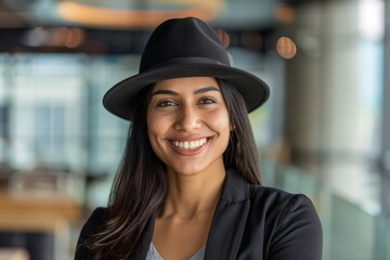 Wall Mural - Portrait of a cheerful indian woman in her 40s donning a classic fedora in sophisticated corporate office background