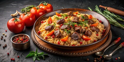 Wall Mural - Traditional Turkish pilaf with meat, rice, and vegetables on a dark background , Turkish, pilaf, meat, rice, vegetables
