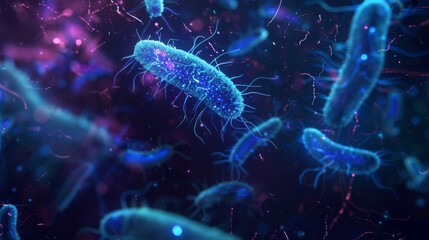 Fototapete - A digital illustration of several rod-shaped bacteria against a dark blue background. The bacteria are blue and have glowing filaments.