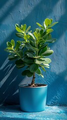 Wall Mural - Ulltrawide Blue Background With Jade Plant In Pot On Side