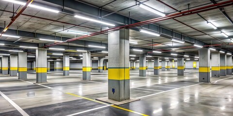 Canvas Print - Underground parking garage with concrete pillars and fluorescent lighting, parking, garage, underground, concrete