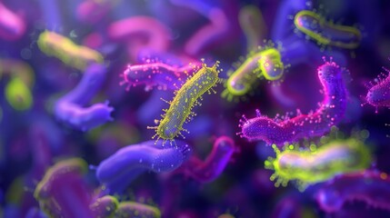 Fototapete - A microscopic view of bacteria, showing their intricate shapes and colors. The bacteria are highlighted in a variety of hues, including purple, blue, and green.