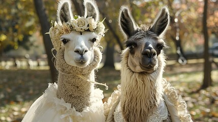 Poster - Two Llamas Dressed in Wedding Attire