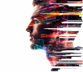Poster - Abstract Portrait of a handsome man in double exposure, side view portrait made in the style of pixel texture on a white background, glitch art effect.



