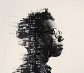 Fototapete - Abstract Portrait of a handsome man in double exposure, side view portrait made in the style of pixel texture on a white background, glitch art effect.


