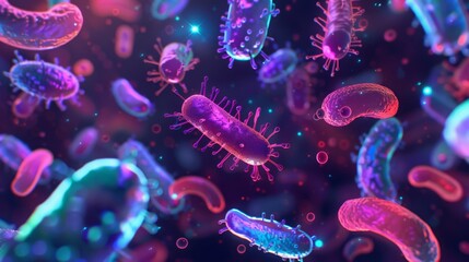 Fototapete - A digital illustration of microscopic bacteria, rendered in vibrant hues of pink, purple, and blue. The bacteria are shown in various shapes and sizes, floating against a dark background.