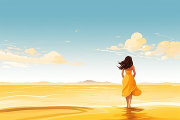 Wall Mural - young woman in yellow dress walk on the beach illustration