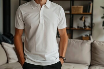 Wall Mural - High-quality white short-sleeved polo shirt with black pants