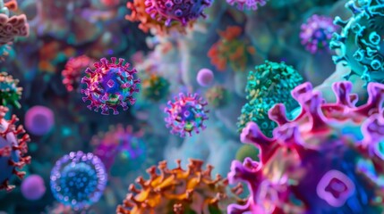 Fototapete - A close-up of colorful virus particles, floating in a blue and purple background.