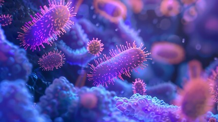 Fototapete - A digital illustration of bacteria, in purple and pink, against a blue background.