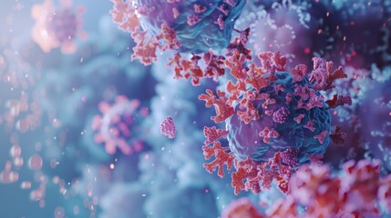 Fototapete - A close-up view of a virus, showing its intricate structure and the surrounding environment.