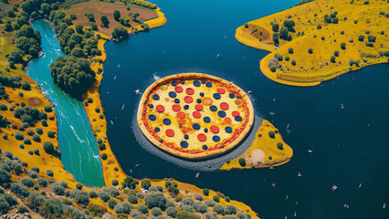 Wall Mural - aerial view of a pizza pie with toppings on a lake