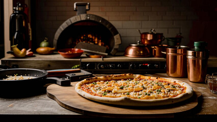 Wall Mural - a pizza on a wooden board on a kitchen counter