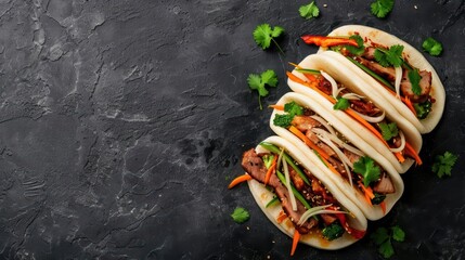 Bao buns explosion highlights fluffy steamed buns filled with savory meats and fresh vegetables, creating a delicious handheld snack with copy space