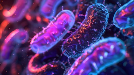 Fototapete - A digital illustration depicting a cluster of bacteria, glowing in vibrant hues of purple, blue, and orange. The image is highly magnified, revealing intricate details of the bacterial structure.