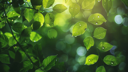 Wall Mural - fresh green leaves with sunlight bokeh and drops. nature background for design and print