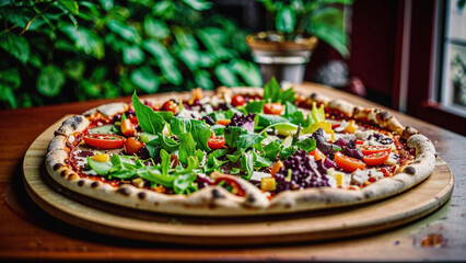 Wall Mural - a pizza on a wooden plate on a table