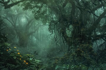 Poster - lush exotic jungle landscape shrouded in ethereal mist ancient trees draped with vines and vibrant flora create a mysterious and primordial atmosphere in this panoramic forest scene