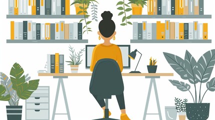 Poster - Woman Working at a Desk With Plants and Bookshelves in a Home Office