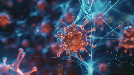 Fototapete - A close-up 3D rendering of a coronavirus particle, with a complex network of lines surrounding it.
