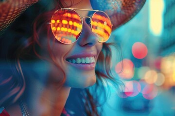 Vibrant portrait of a woman with reflective sunglasses enjoying city lights, featuring warm and colorful urban nightlife ambiance.