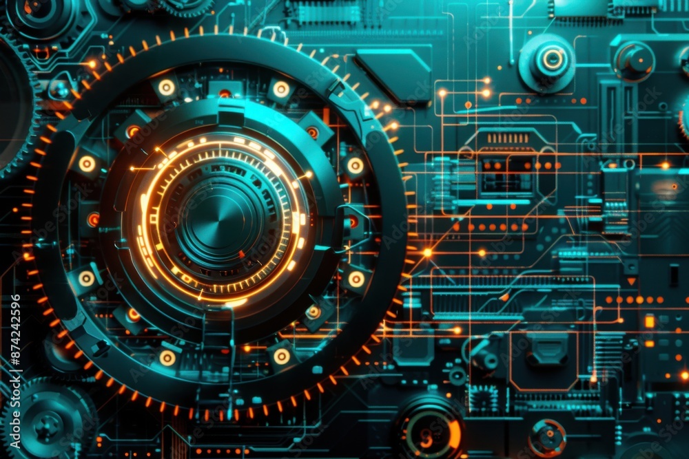 Elegant Digital Technology Background with Teal Gears and Cogs on ...