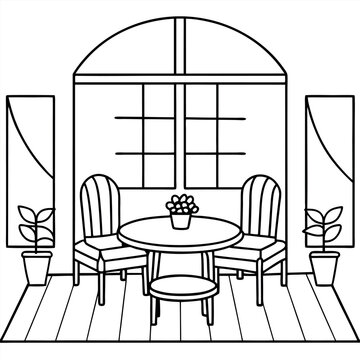 colouring page  It forms a living room with a table, chairs, seating and a quiet refuge