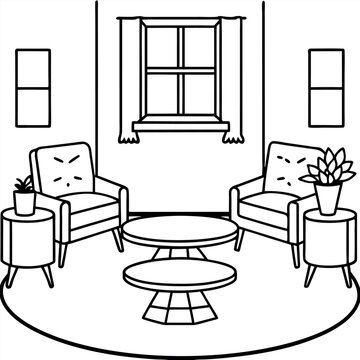 colouring page  It forms a living room with a table, chairs, seating and a quiet refuge