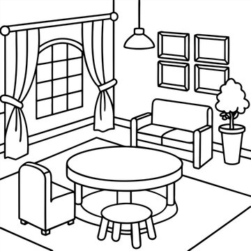 colouring page  It forms a living room with a table, chairs, seating and a quiet refuge