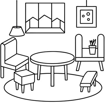 colouring page  It forms a living room with a table, chairs, seating and a quiet refuge
