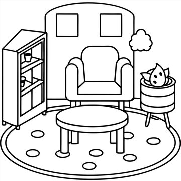 colouring page  It forms a living room with a table, chairs, seating and a quiet refuge