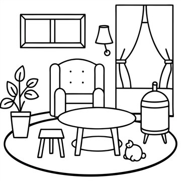 colouring page  It forms a living room with a table, chairs, seating and a quiet refuge