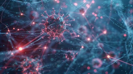 Fototapete - A digital illustration of a coronavirus with a network of red lines and lights extending from its surface.