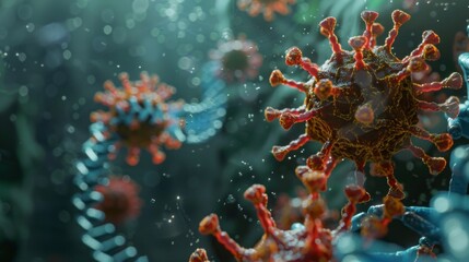 Fototapete - A close-up view of a computer-generated image depicting multiple coronavirus particles. The particles are red, orange, and yellow in color, and appear to be surrounded by a blue and green fluid.