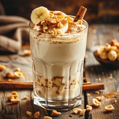 Wall Mural - Creamy banana milkshake flavored with cinnamon, topped with peanut butter and cinnamon in a glass on rustic background.