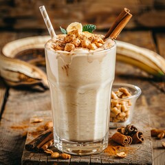 Wall Mural - Creamy banana milkshake flavored with cinnamon, topped with peanut butter and cinnamon in a glass on rustic background.