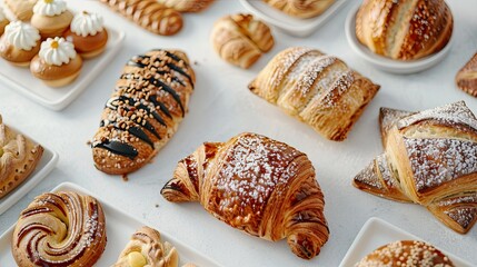 Wall Mural - Realistic photography, top view of a clean surface which has traditional bakery items on it