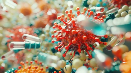 Aufkleber - A red virus particle with spikes is surrounded by a chaotic assortment of pills and capsules, representing the fight against infectious diseases.
